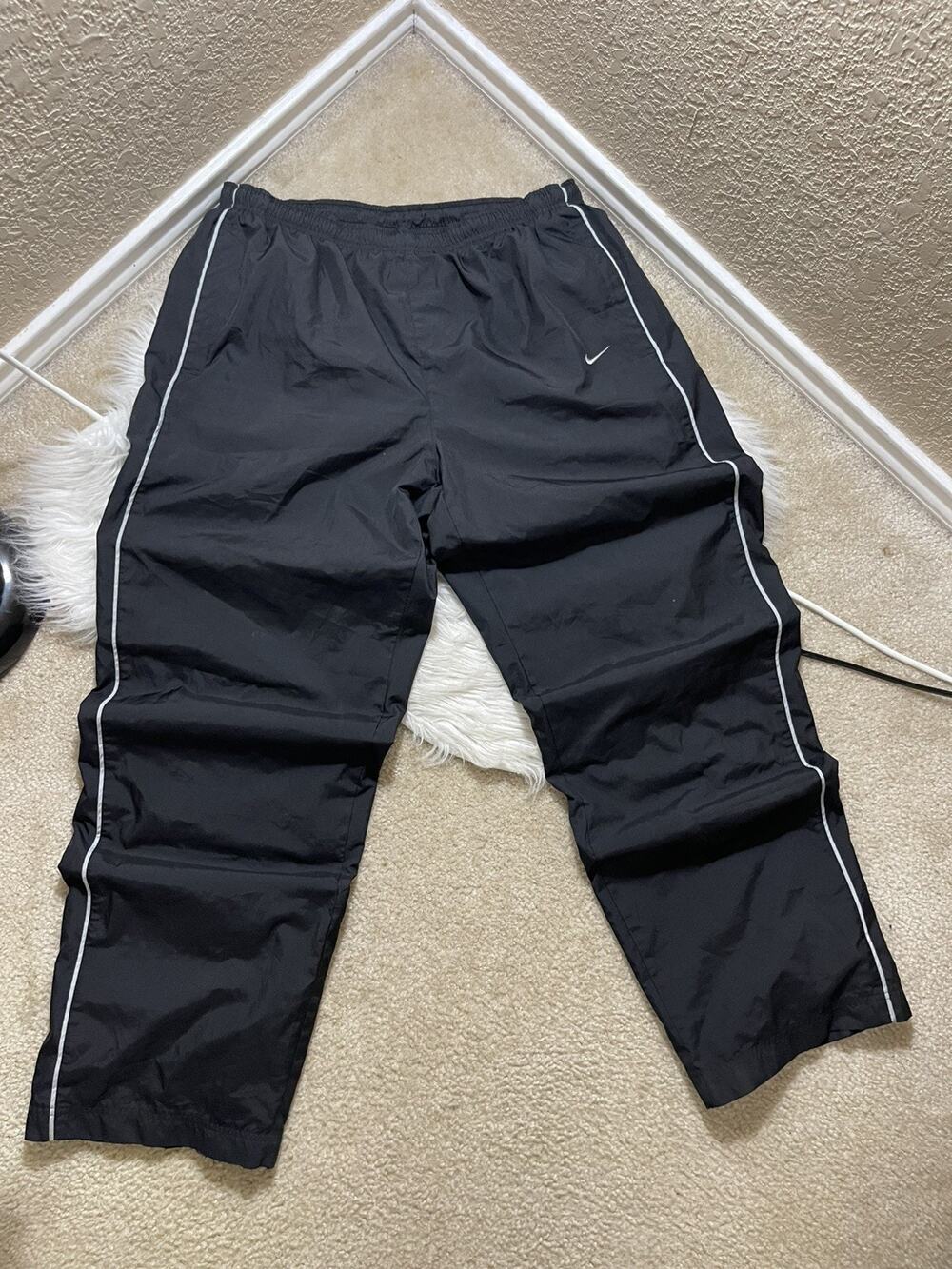 Y2K Vintage Black Nike Baggy Nylon Track Pants With White Stripe XL